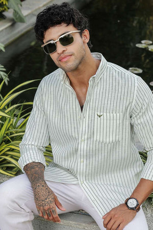 Green Striped Slim Fit Linen Shirt