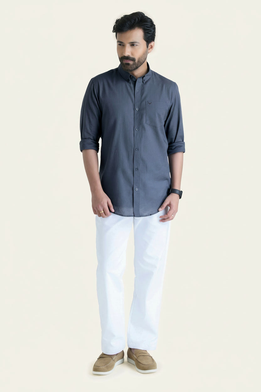 Dark Grey Solid Pre-Washed Slim Fit Linen Cotton Shirt
