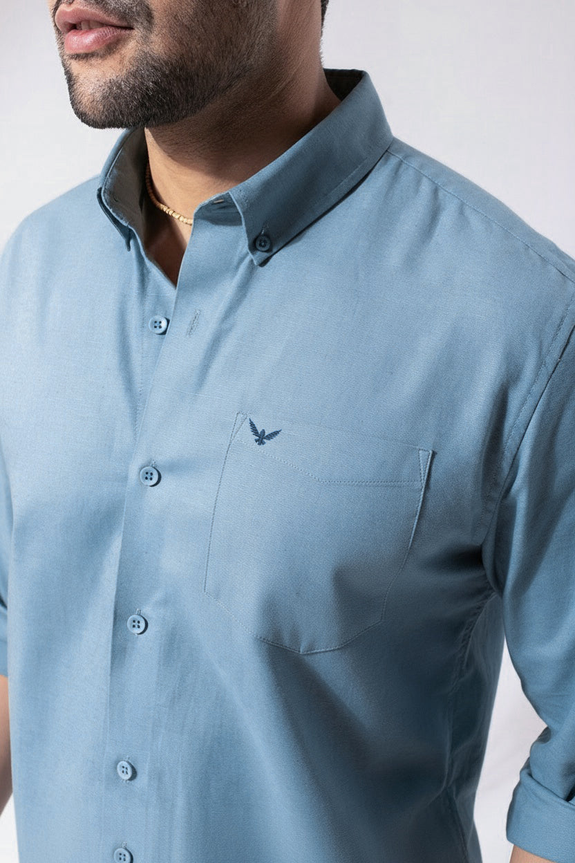 Aqua Blue Pre-Washed Linen Blend Shirt