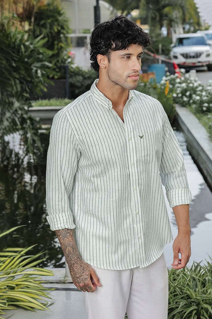 Green Striped Slim Fit Linen Regular Fit Plus Size Shirt