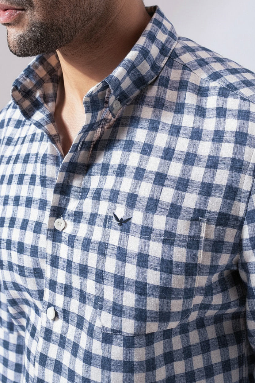 Blue Checks Pre-Washed Linen Blend Shirt