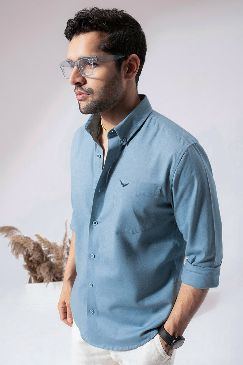 Aqua Blue Pre-Washed Linen Blend Shirt