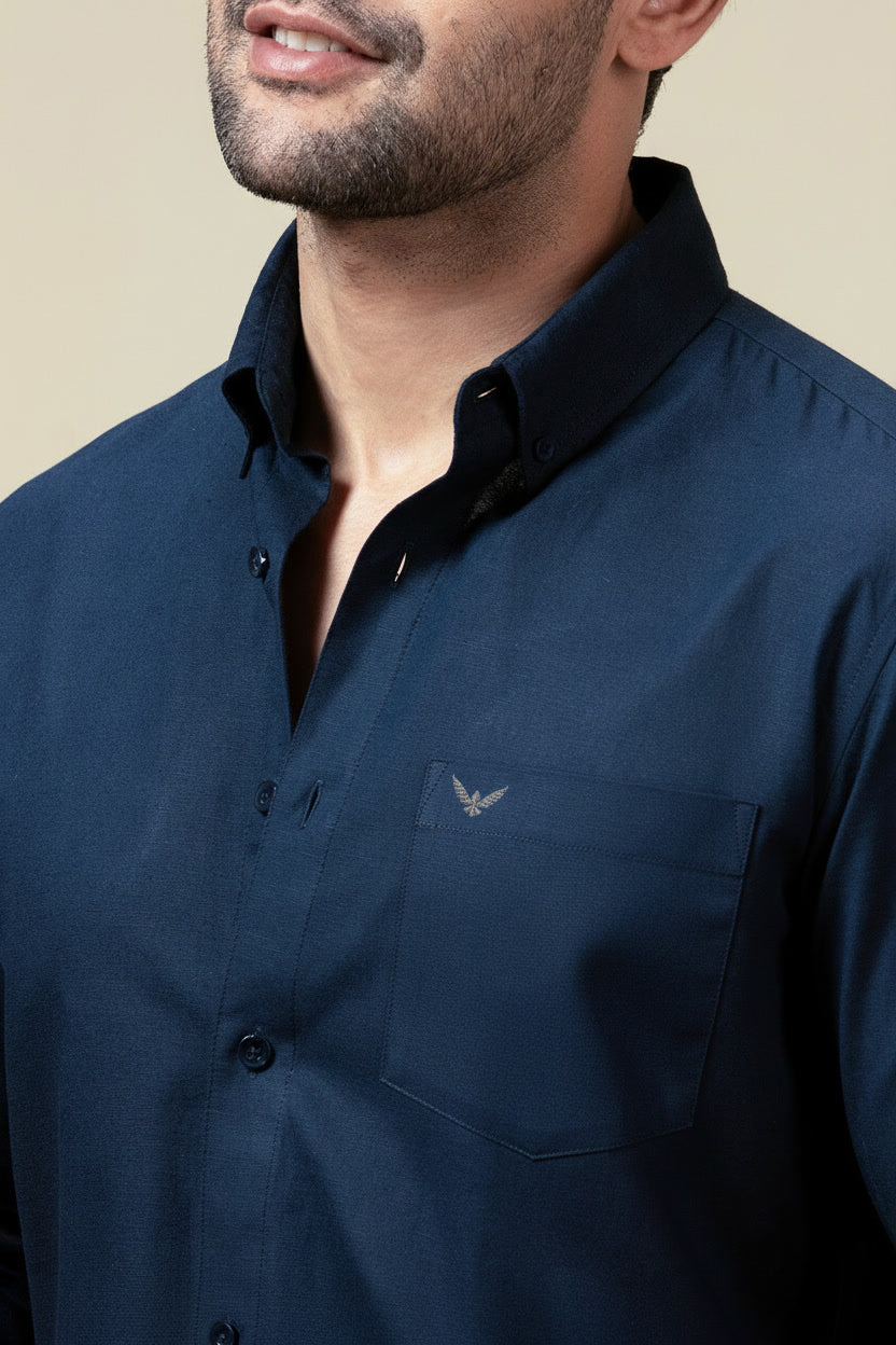 Navy Blue Pre-Washed Linen Blend Shirt
