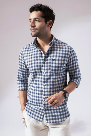 Blue Checks Pre-Washed Linen Blend Shirt