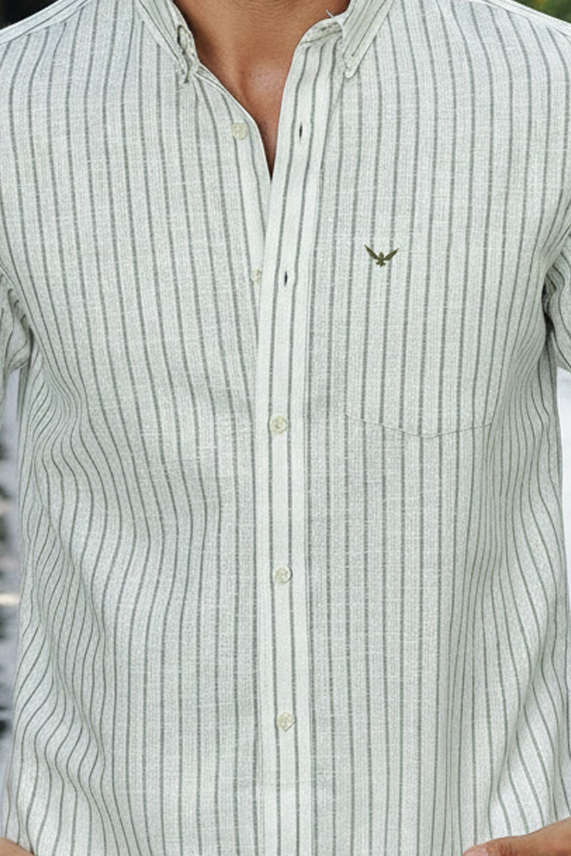 Green Striped Slim Fit Linen Shirt