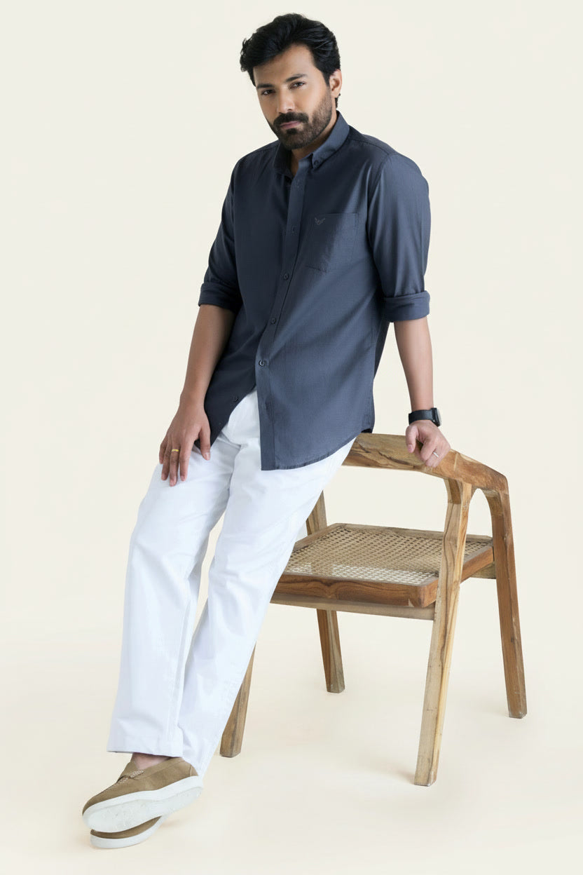Dark Grey Solid Pre-Washed Slim Fit Linen Cotton Shirt