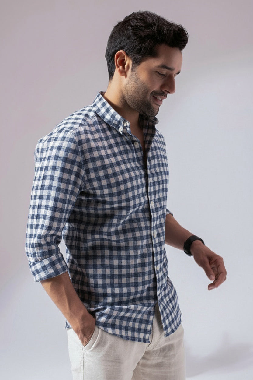 Blue Checks Pre-Washed Linen Blend Shirt