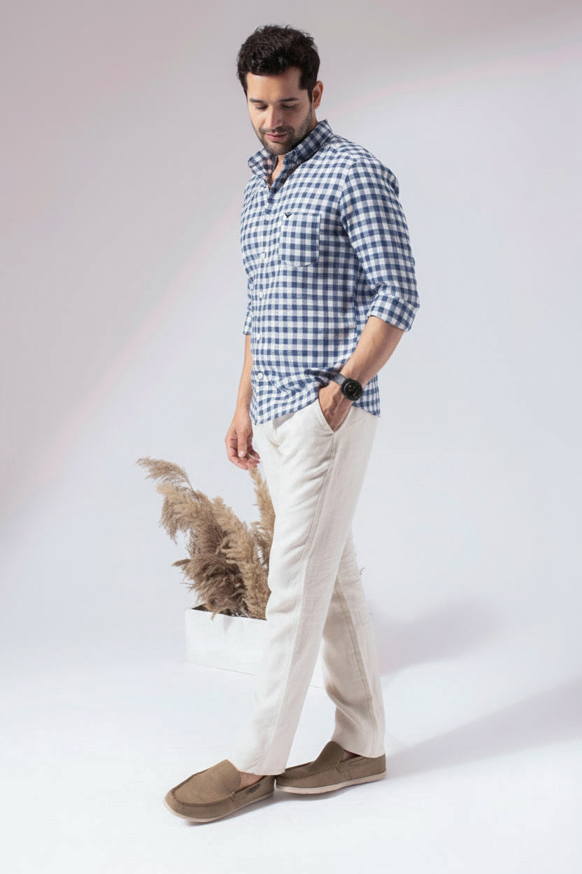 Blue Checks Pre-Washed Linen Blend Shirt