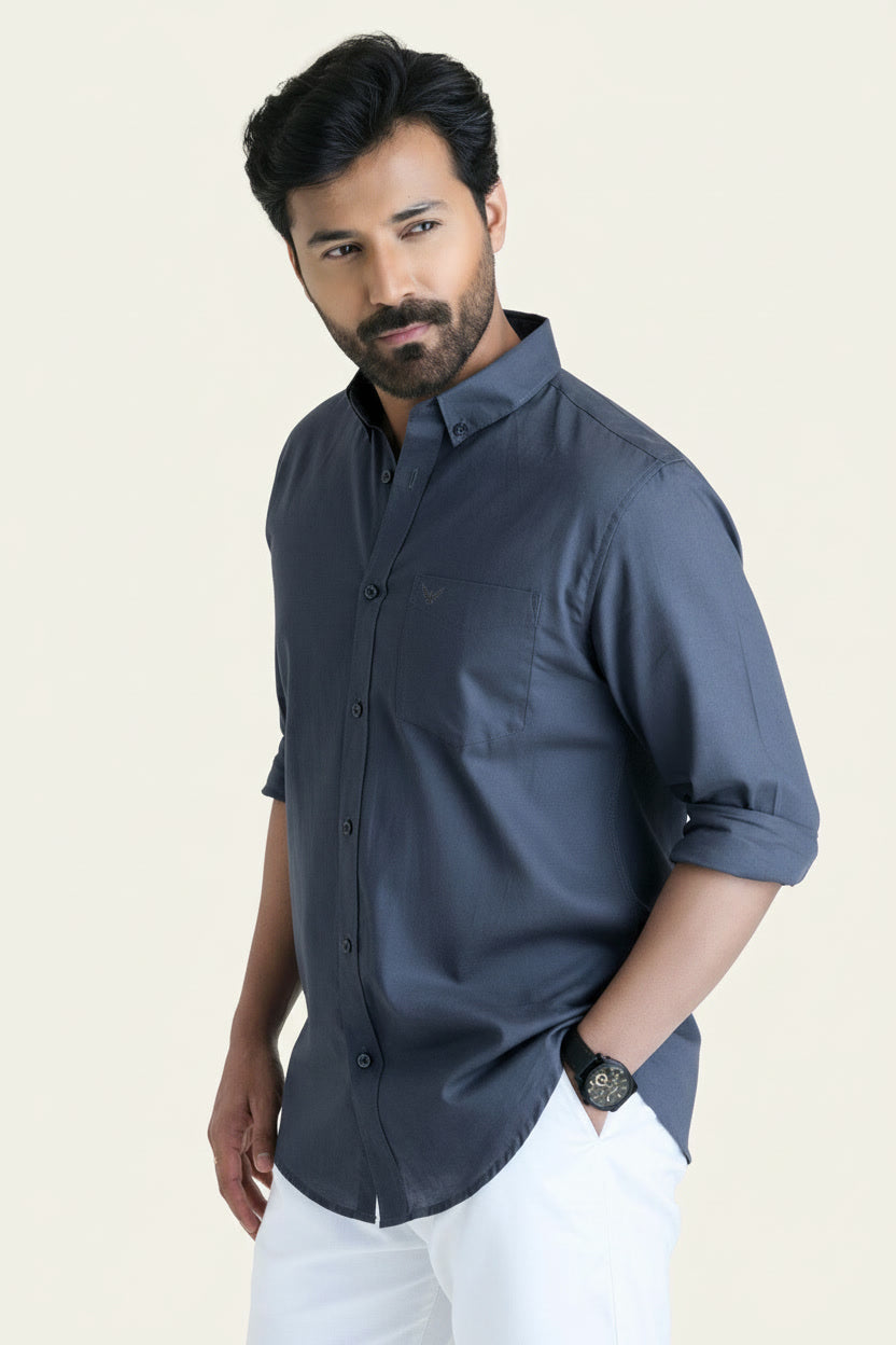Dark Grey Solid Pre-Washed Slim Fit Linen Cotton Shirt