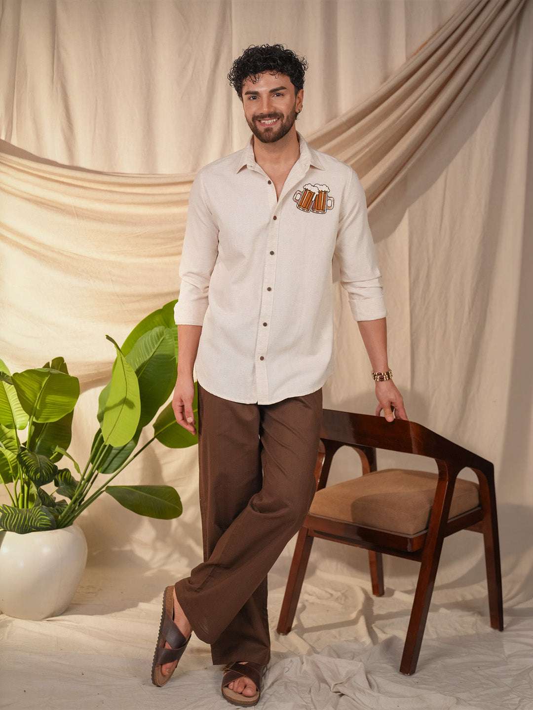 Beige Natural Grains Solid Linen Cotton Slim Fit Shirt