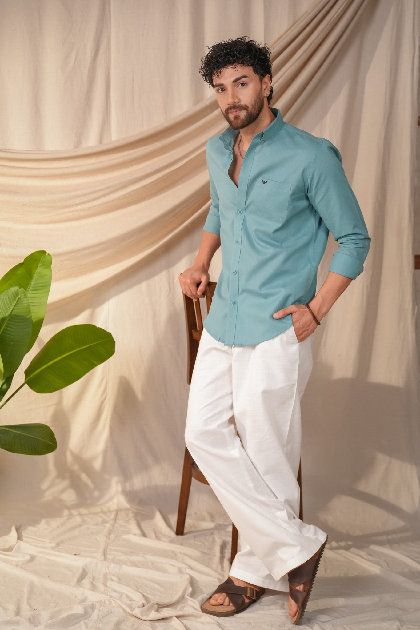 Turqoise Blue Solid Pre-Washed Linen Cotton Slim Fit Shirt