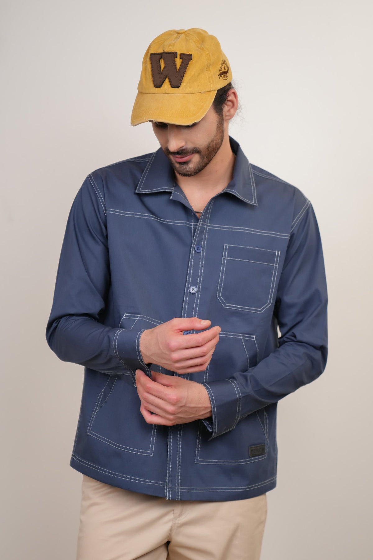 Slate Blue Solid Heavy Cotton Twill Boxy Fit Shirt For Men