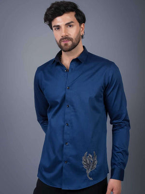 Navy Sequin Cotton Satin Slim Fit Shirt