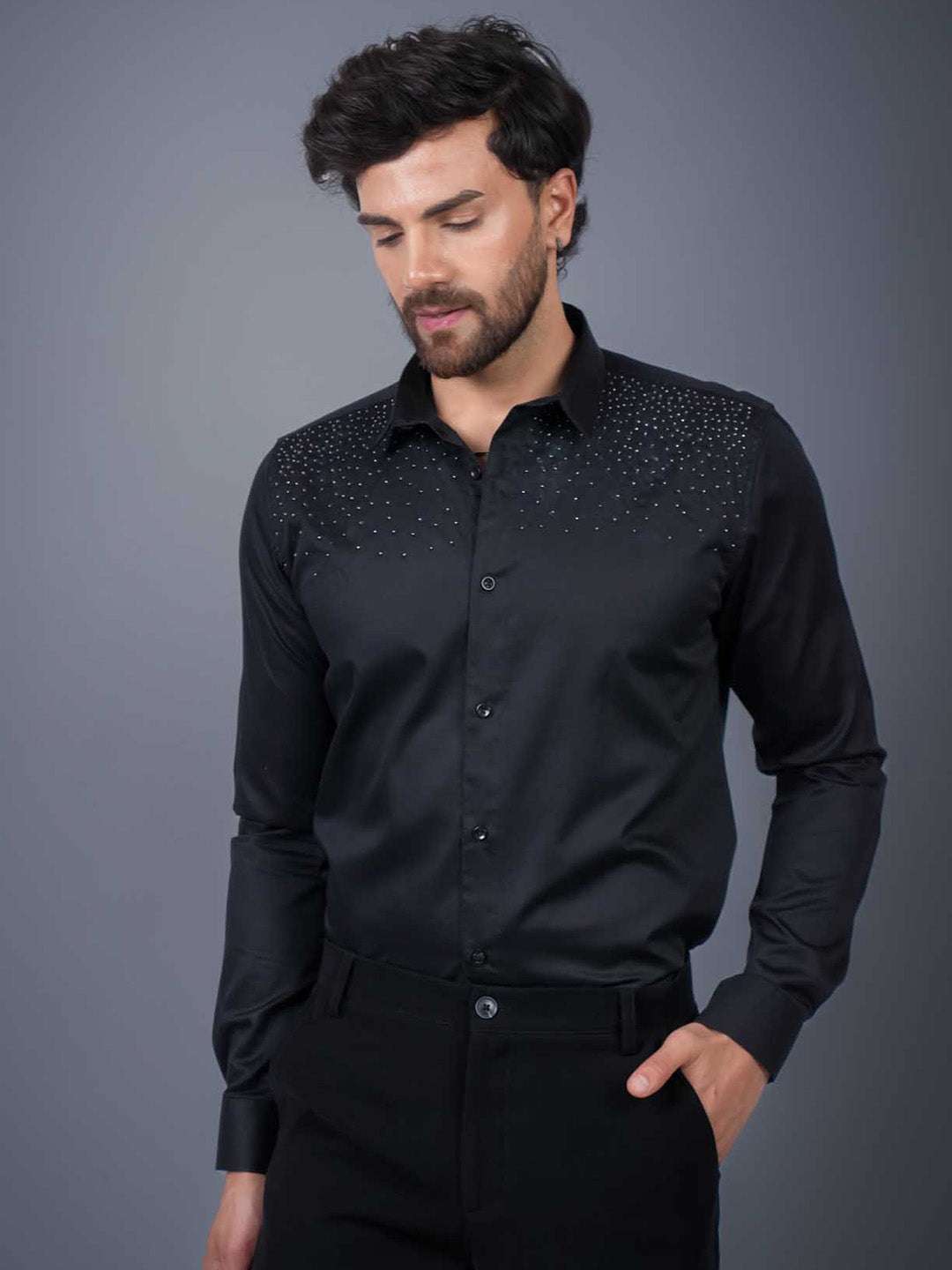 Black Sequin Cotton Satin Slim Fit Shirt