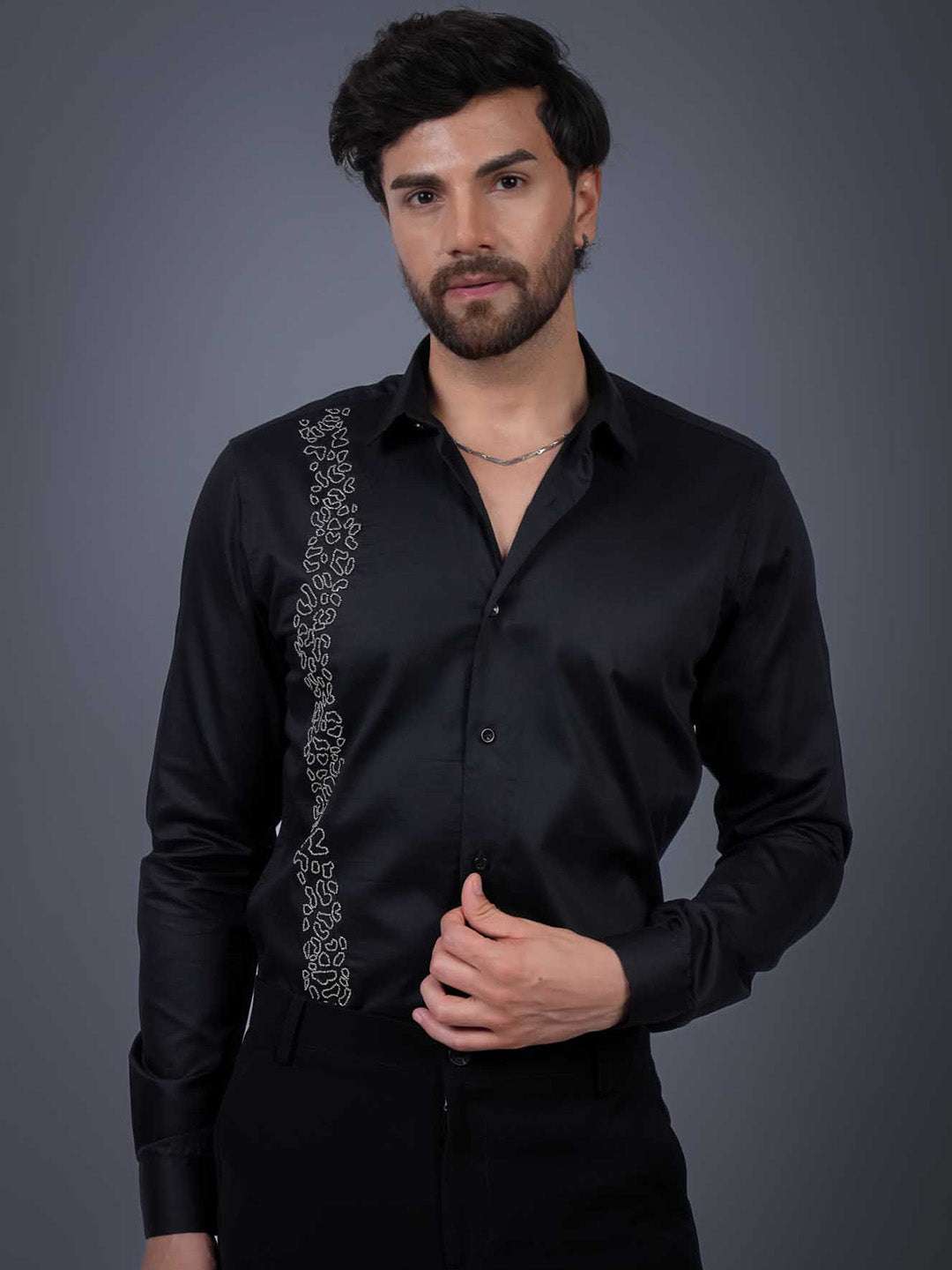 Black Sequin Cotton Satin Slim Fit Shirt
