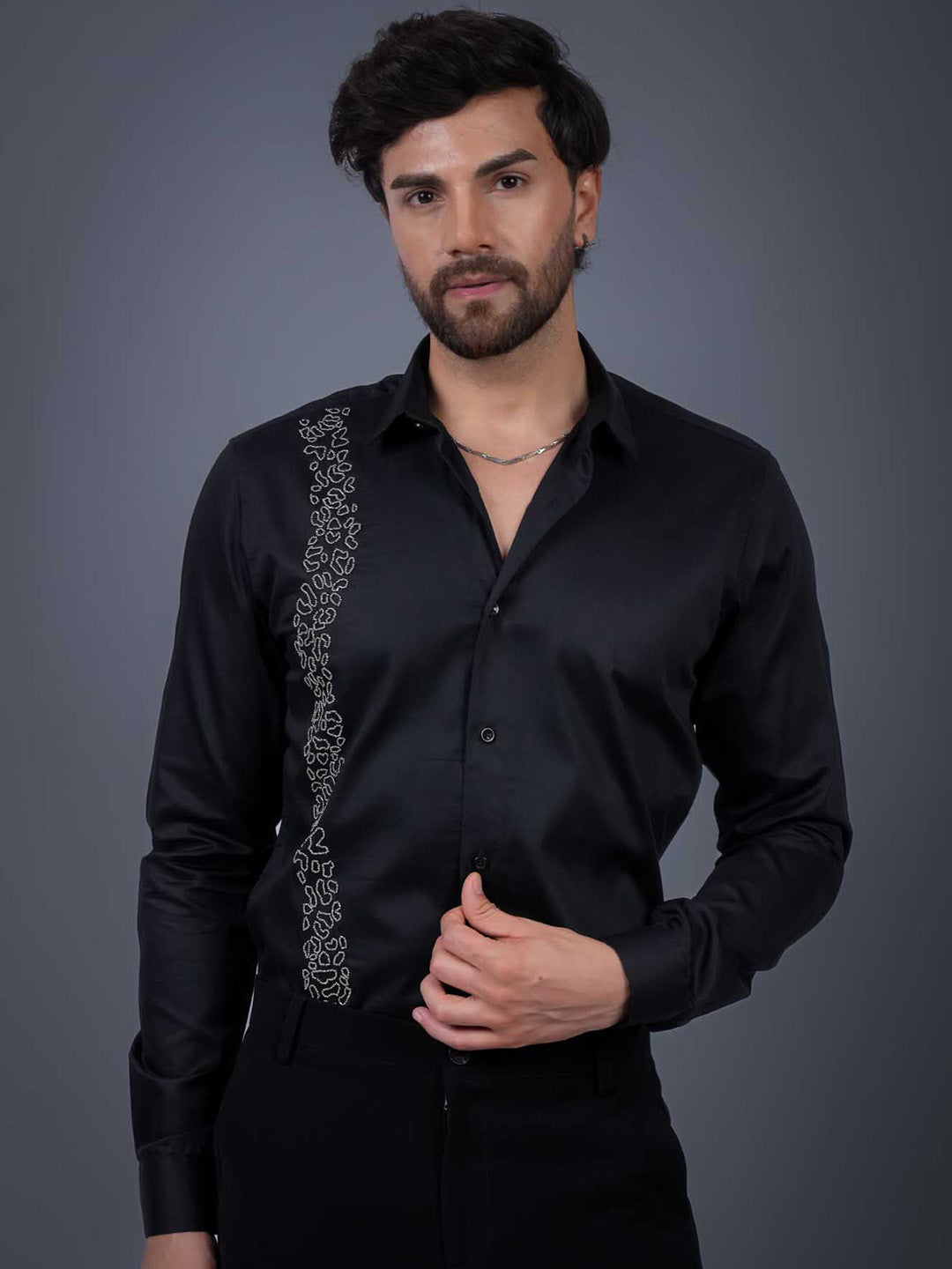 Black Sequin Cotton Satin Slim Fit Shirt