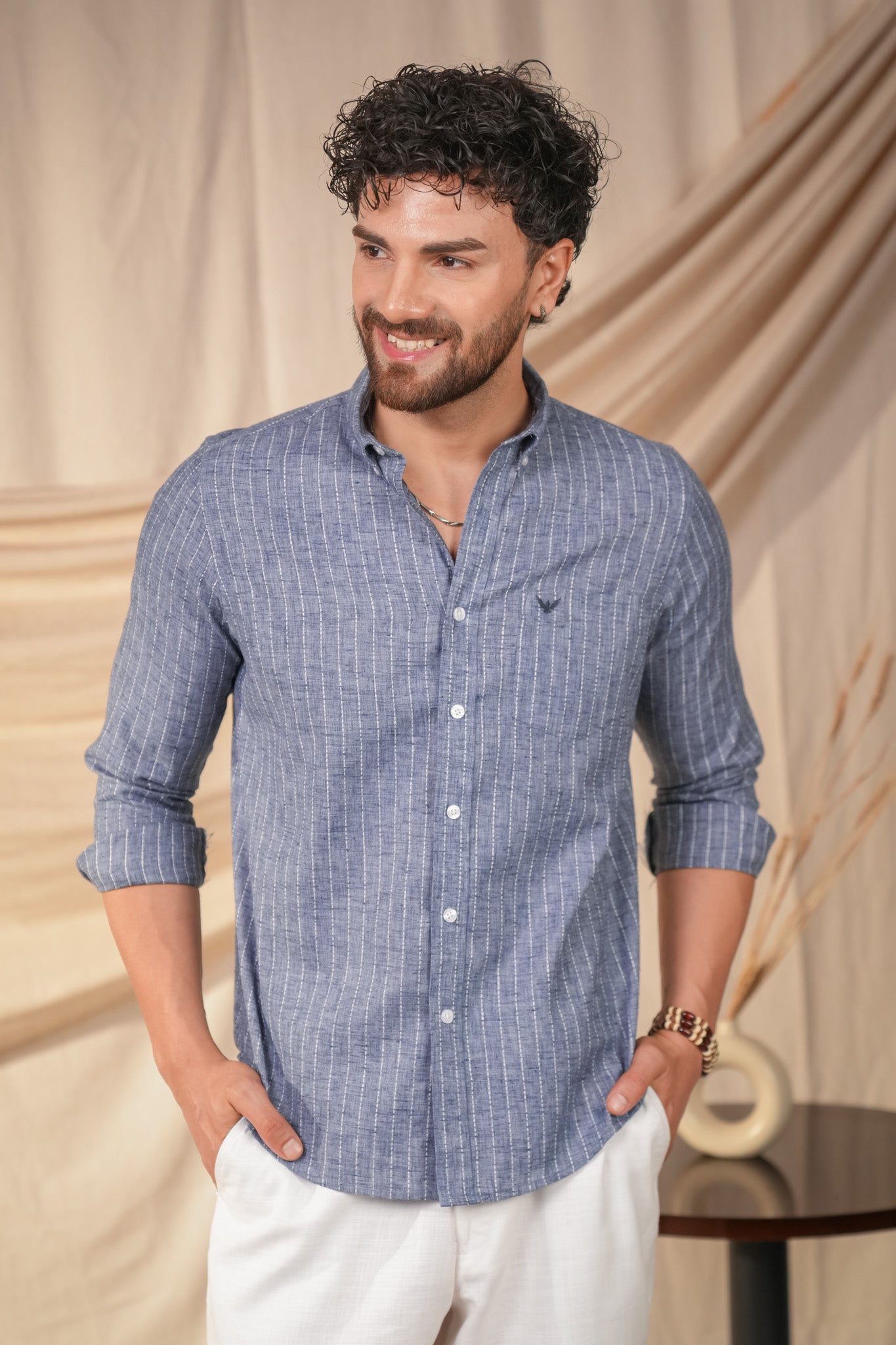 Denim Blue Striped Linen Cotton Slim Fit Shirt