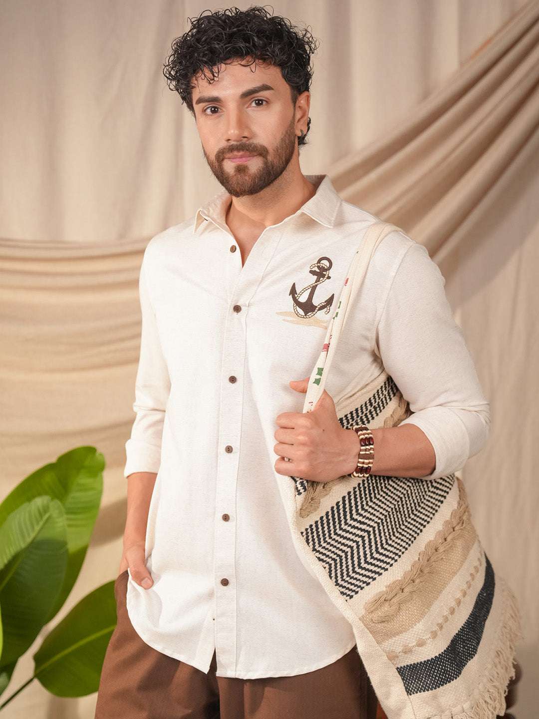 Beige Natural Grains Sparrow Embroidery Linen Cotton Shirt
