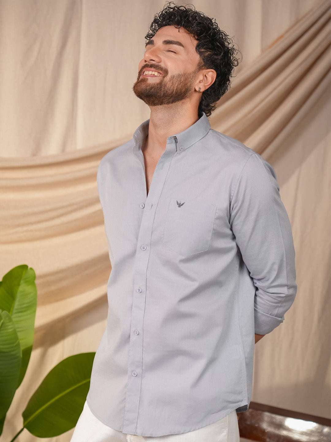 Light Gray Solid Pre-Washed Linen Cotton Slim Fit Shirt
