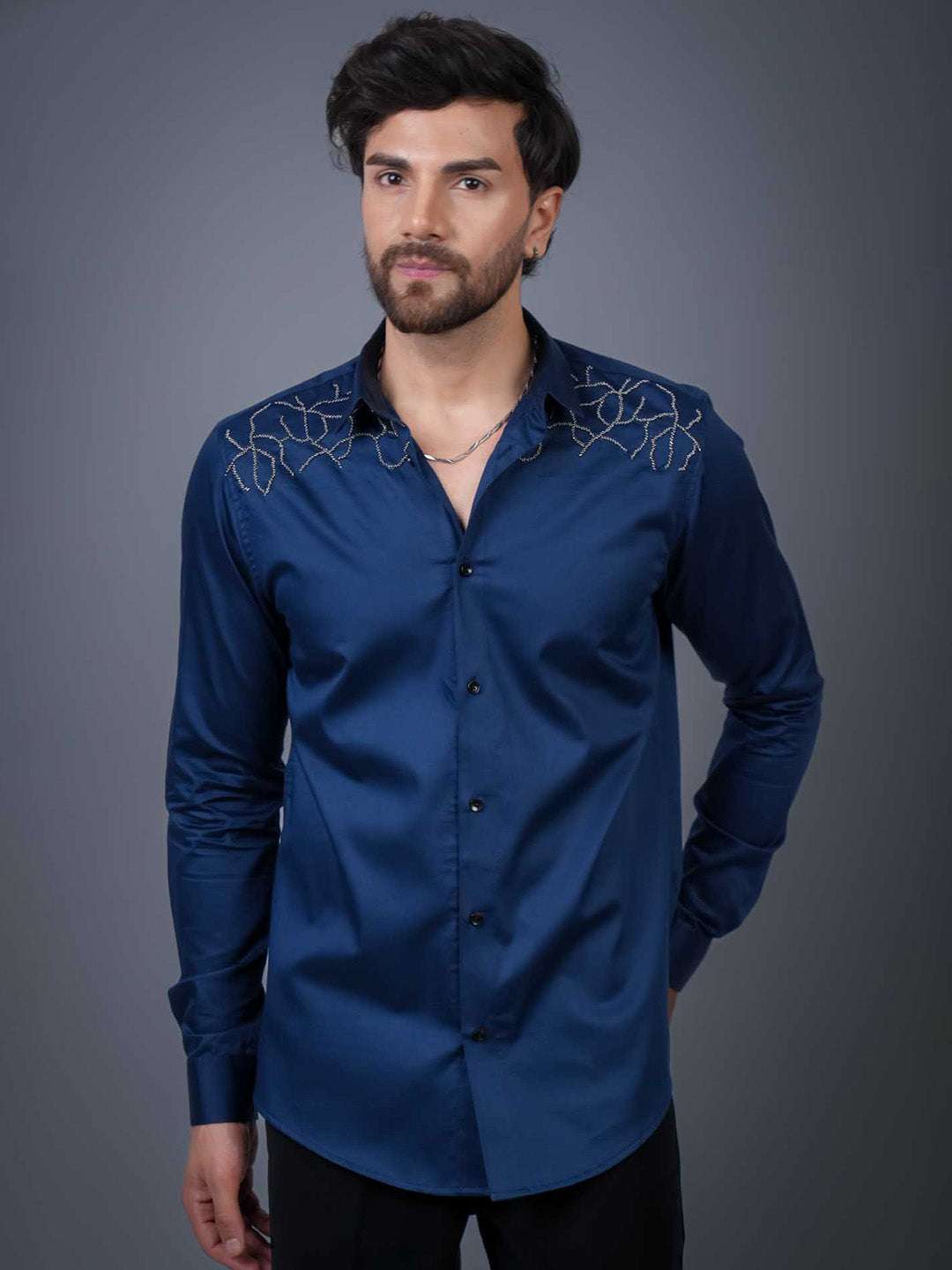 Navy Sequin Cotton Satin Slim Fit Shirt