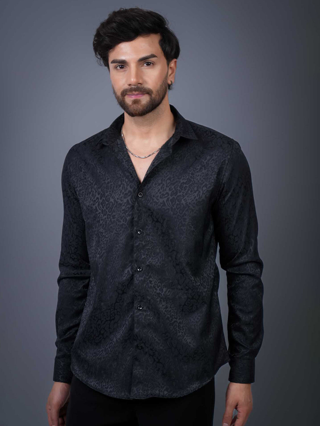 Black Textured Jacquard Slim Fit Shirt