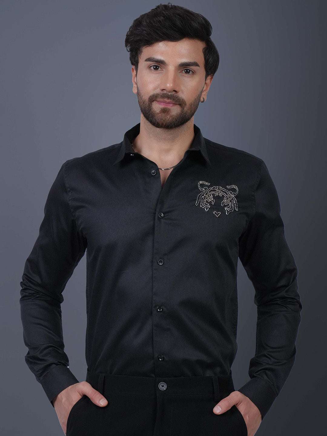 Black Sequin Cotton Satin Slim Fit Shirt