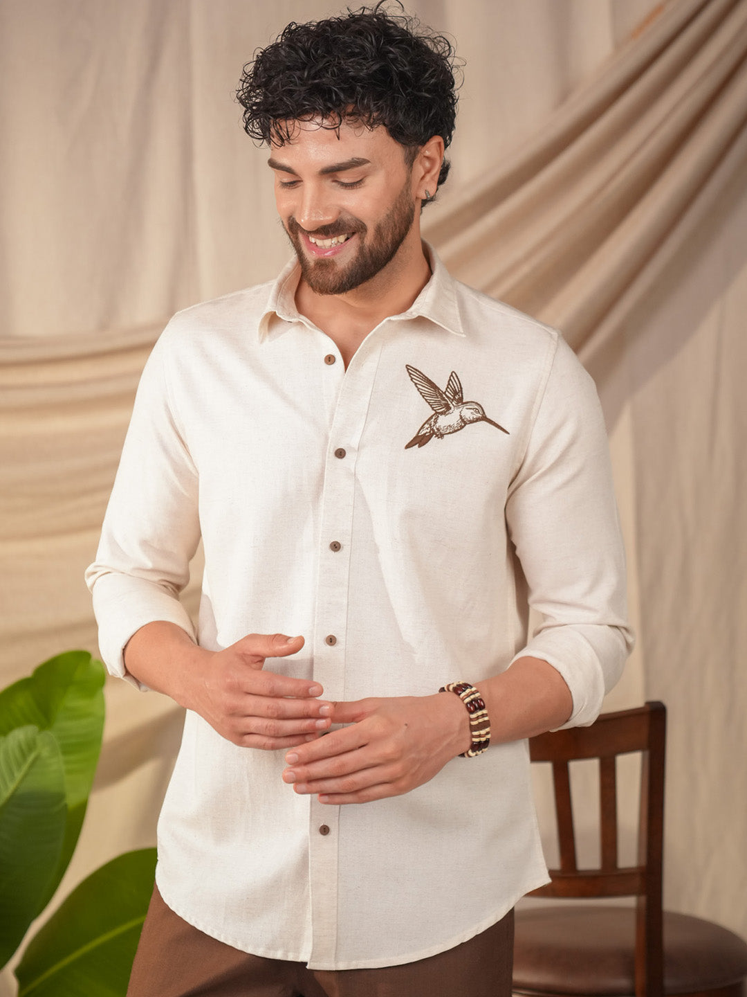 Beige Natural Grains Sparrow Embroidery Linen Cotton Shirt