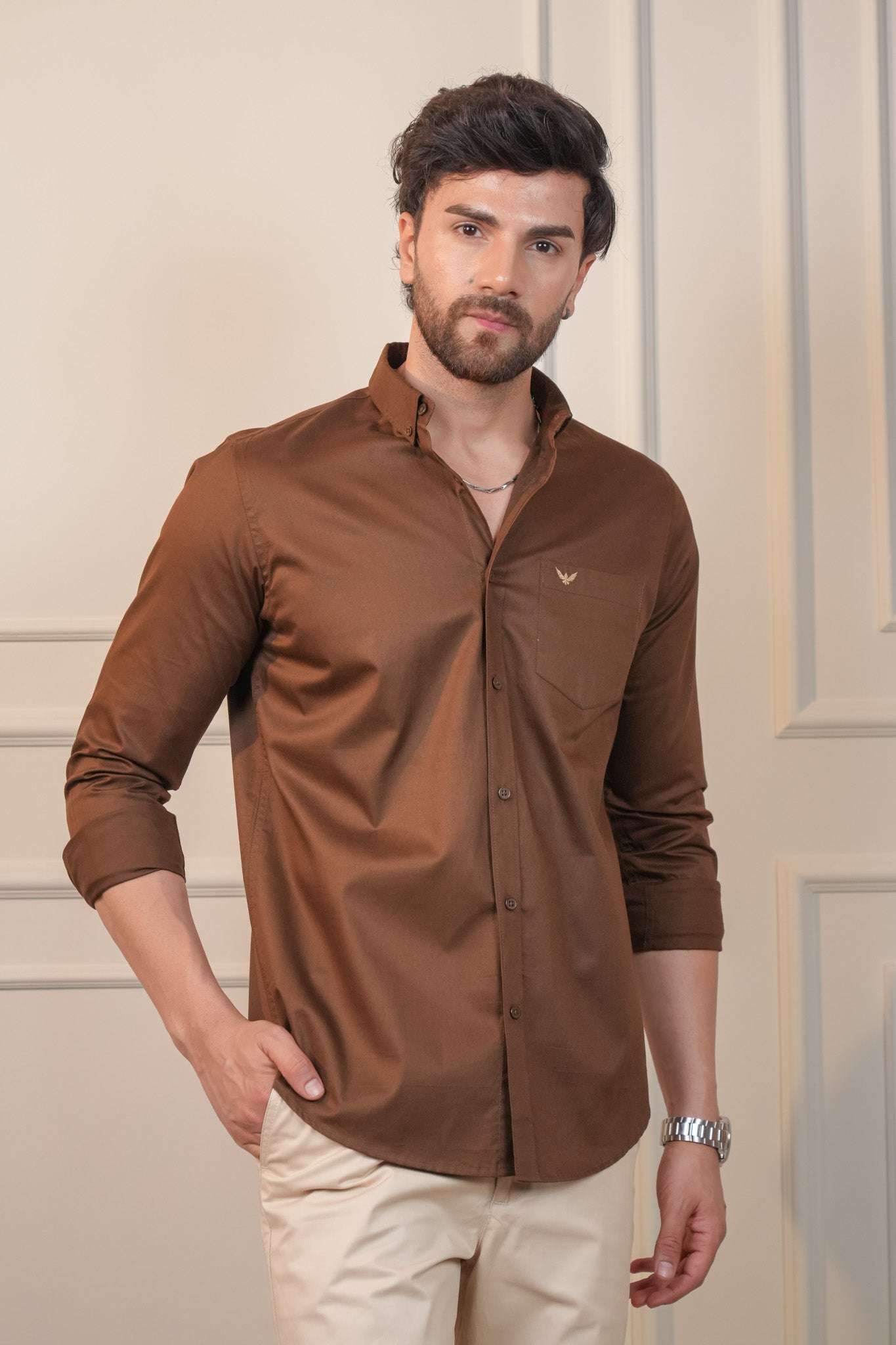 Brown Solid Cotton Twill  Slim Fit Shirt