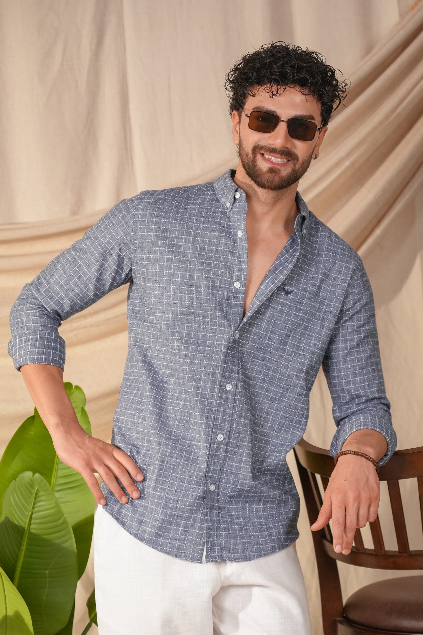 Denim Blue Checked Linen Cotton Slim Fit Shirt