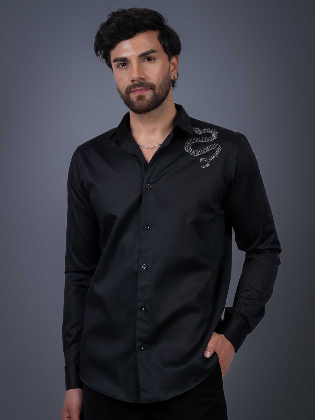 Black Sequin Cotton Satin Slim Fit Shirt