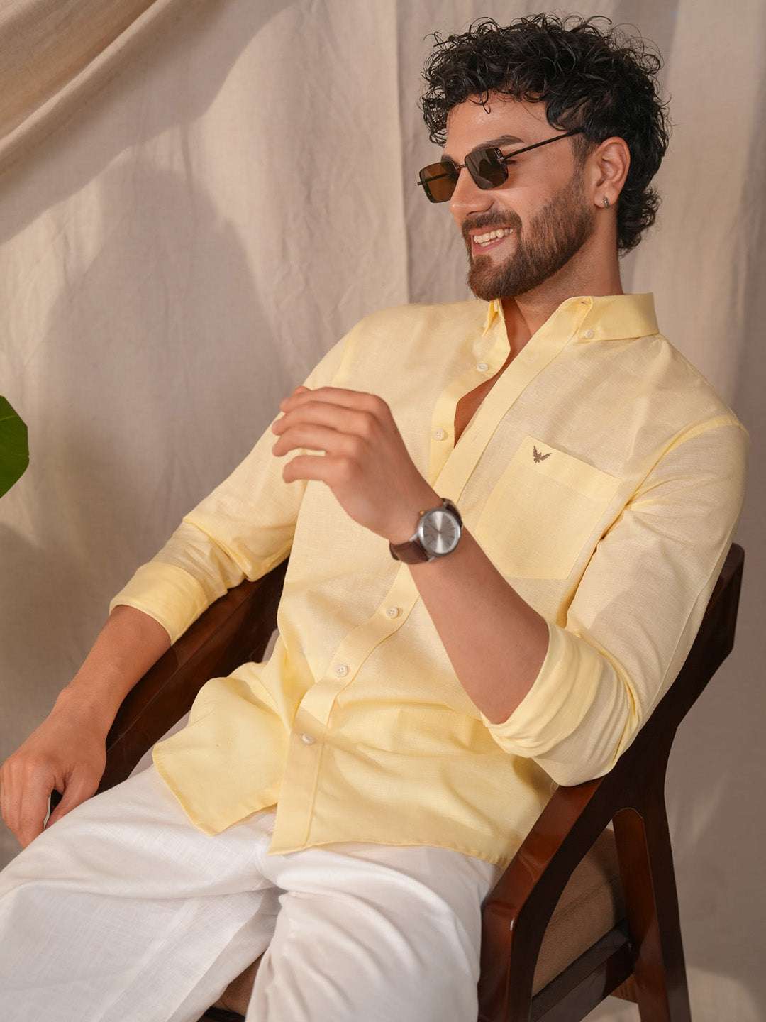 Light Yellow Solid Pre-Washed Linen Cotton Slim Fit Shirt