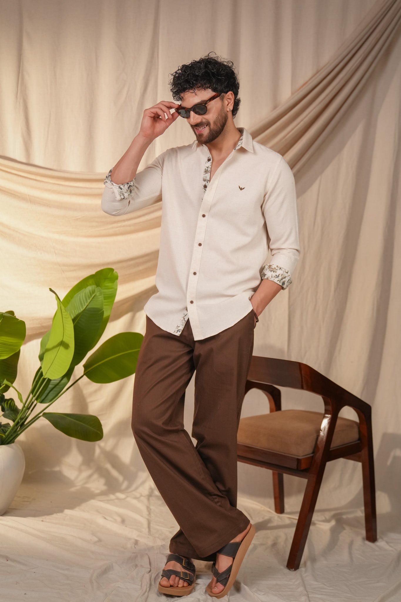 Beige Natural Grains Printed Linen Cotton Slim Fit Shirt