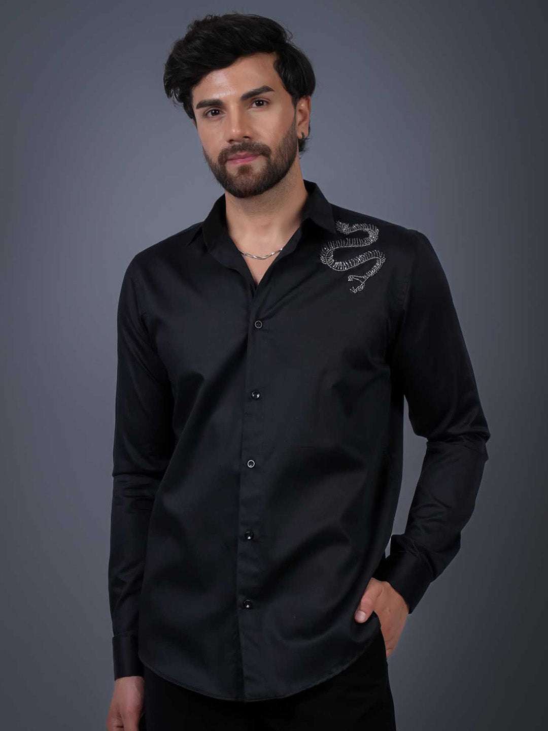 Black Sequin Cotton Satin Slim Fit Shirt