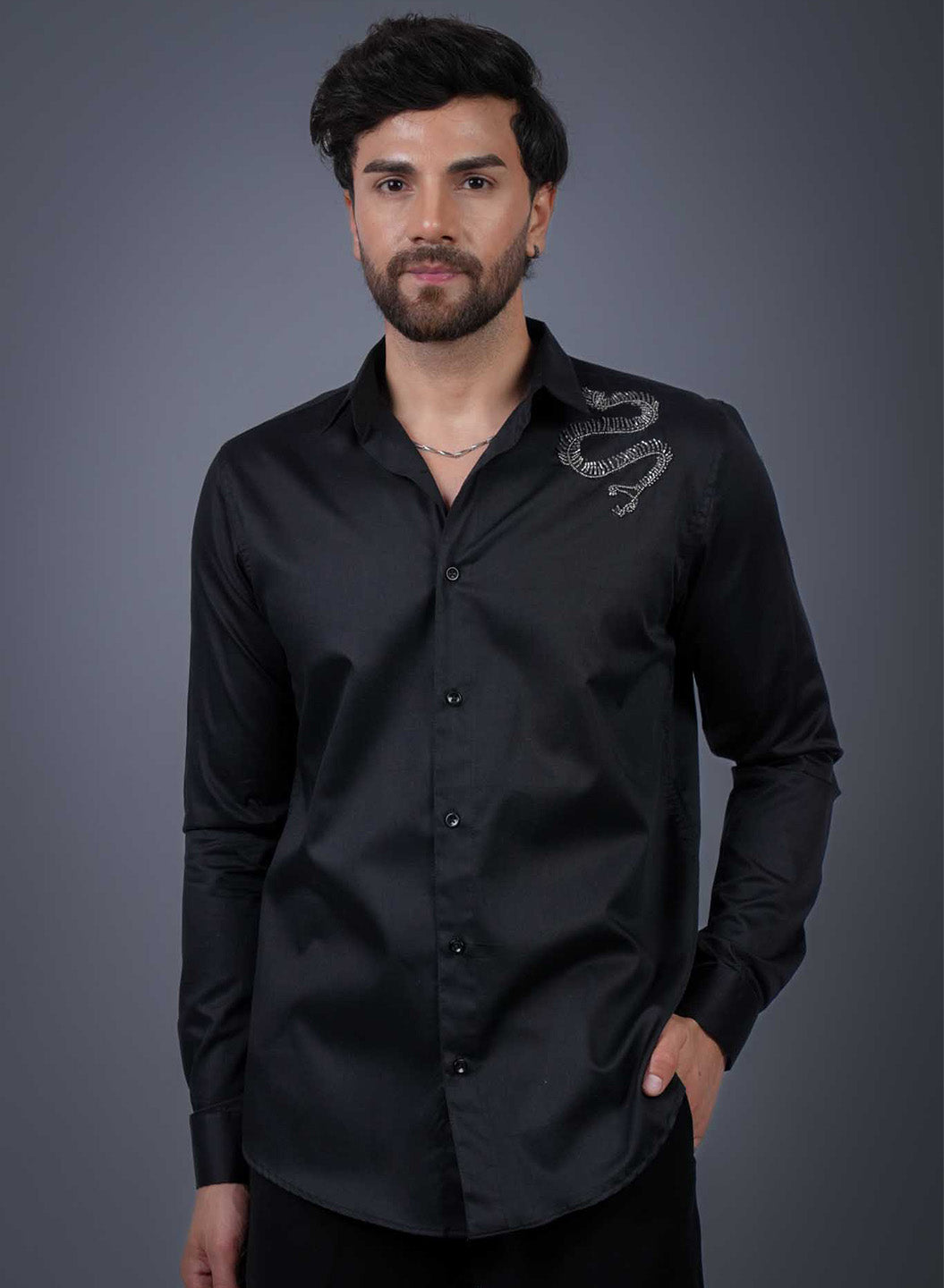 Black Sequin Cotton Satin Slim Fit Shirt