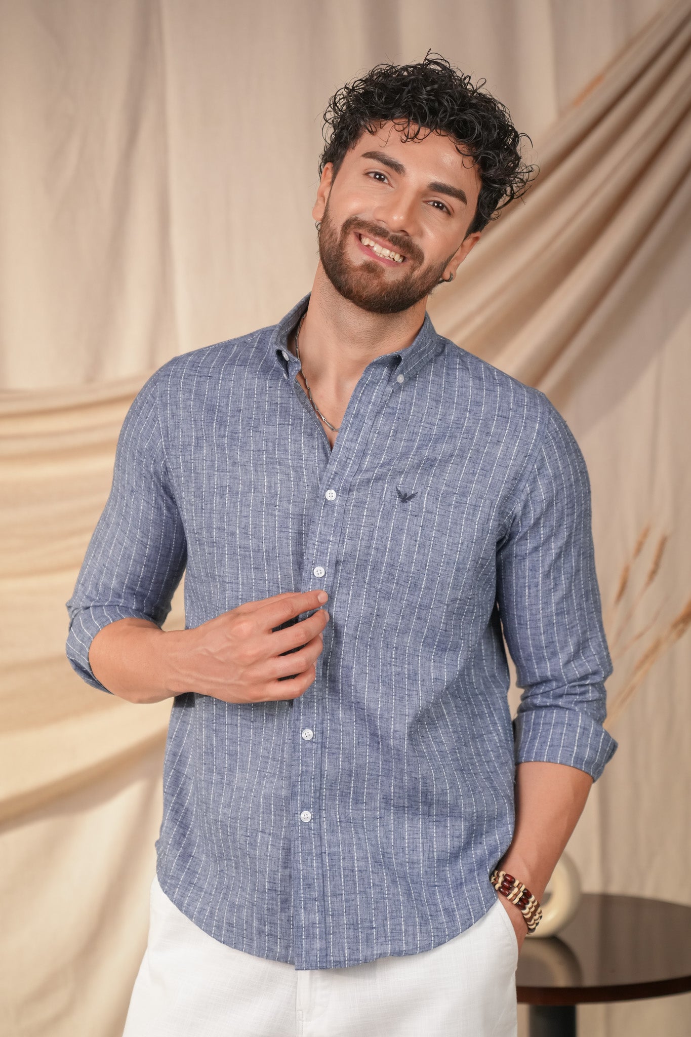 Denim Blue Striped Linen Cotton Slim Fit Shirt