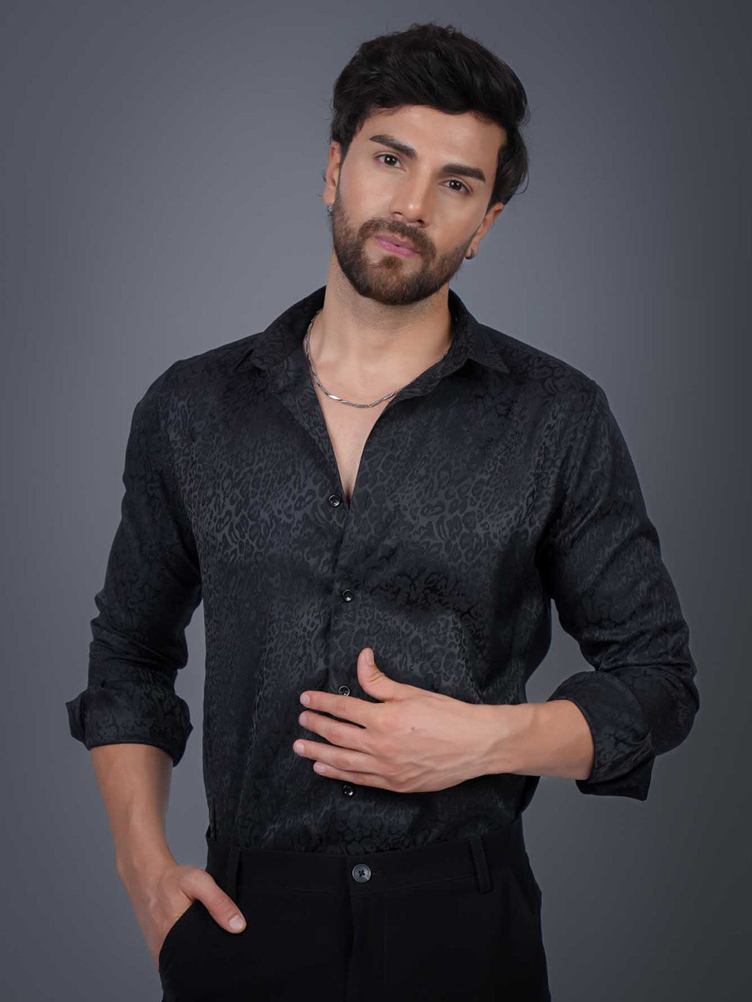 Black Textured Jacquard Slim Fit Shirt