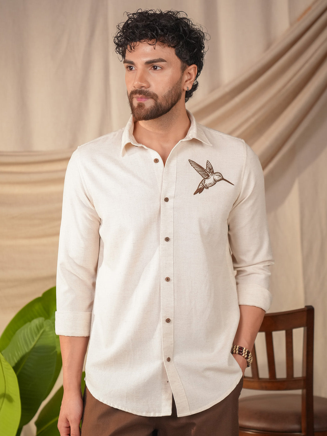 Beige Natural Grains Sparrow Embroidery Linen Cotton Shirt