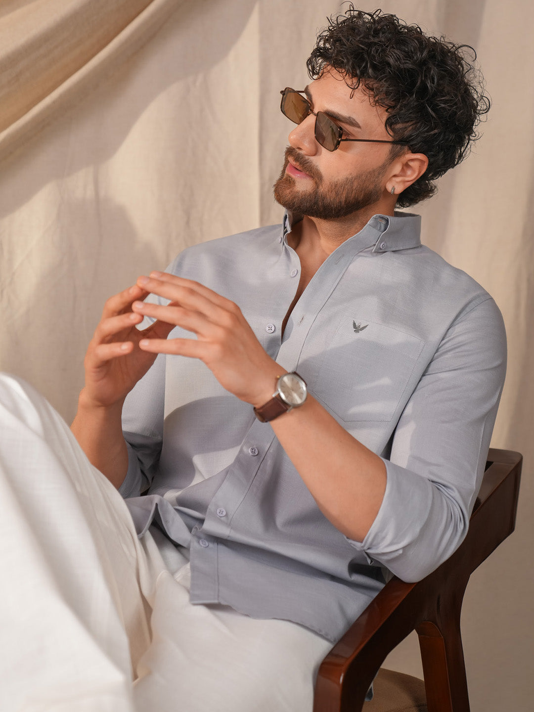 Light Gray Solid Pre-Washed Linen Cotton Slim Fit Shirt