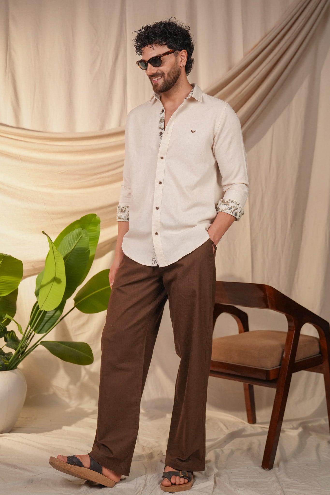 Beige Natural Grains Printed Linen Cotton Slim Fit Shirt