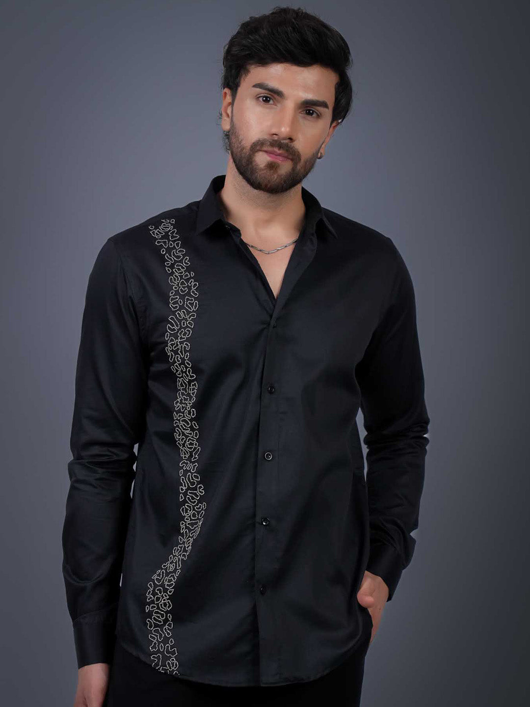 Black Sequin Cotton Satin Slim Fit Shirt