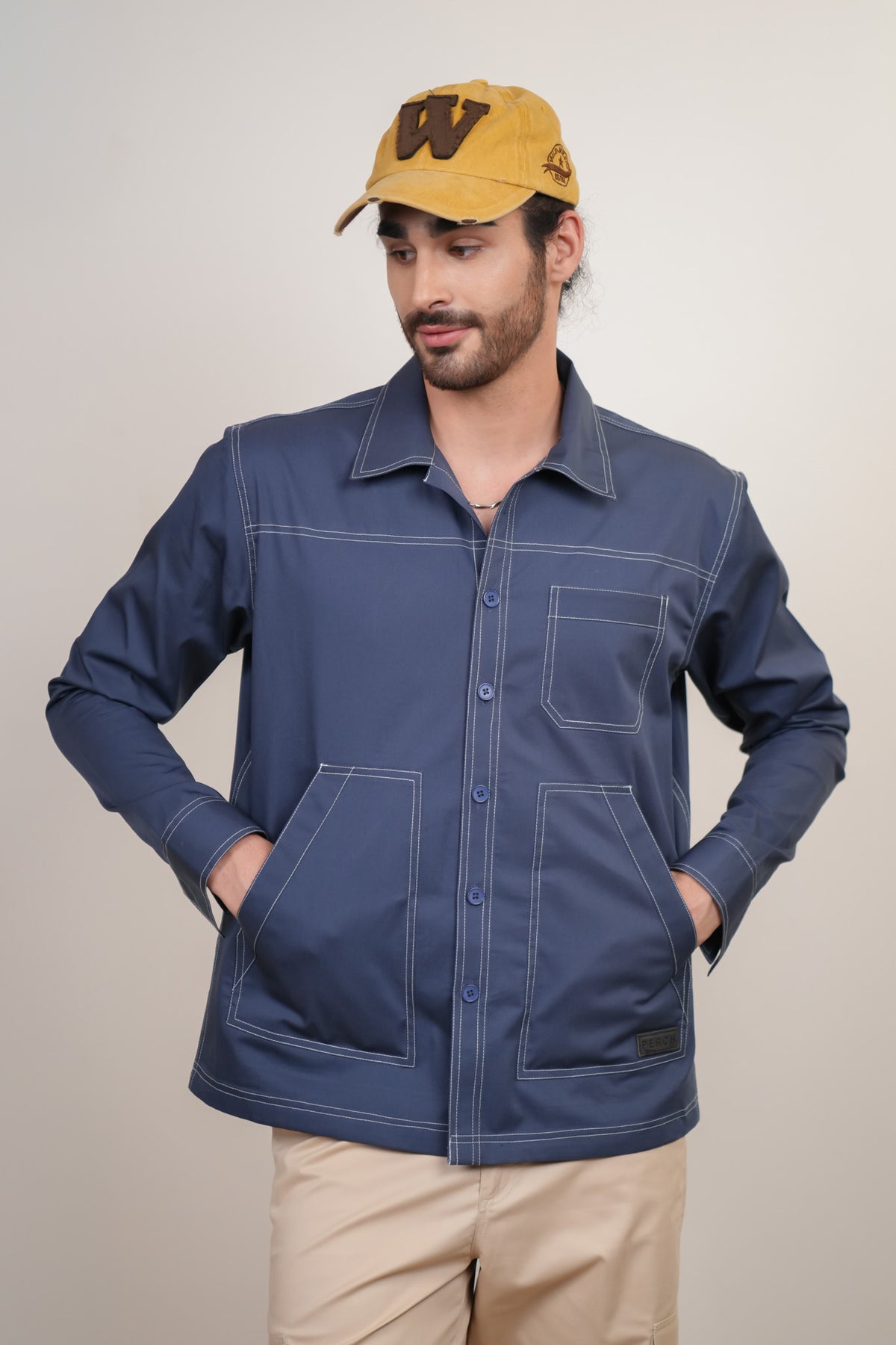 Slate Blue Solid Heavy Cotton Twill Boxy Fit Shirt For Men
