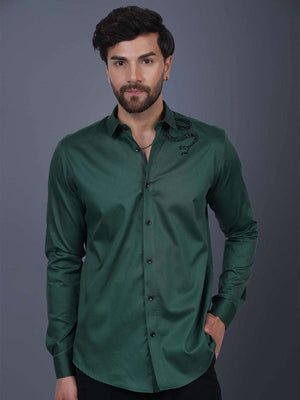 English Green Sequin Cotton Satin Slim Fit Shirt