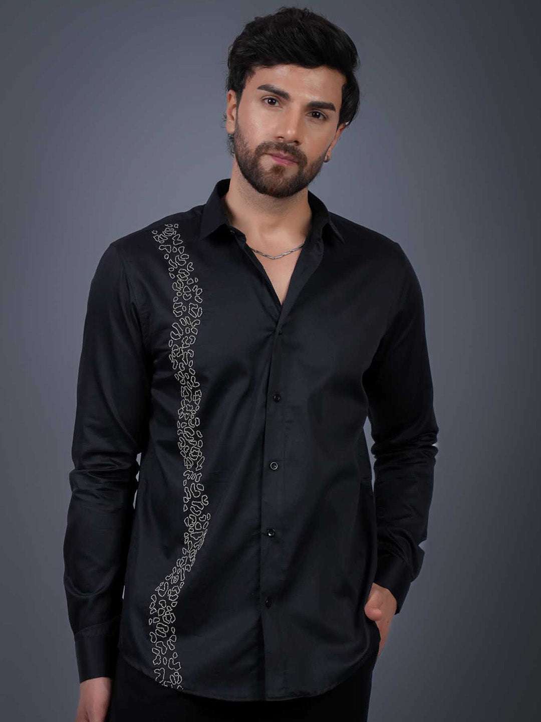 Black Sequin Cotton Satin Slim Fit Shirt