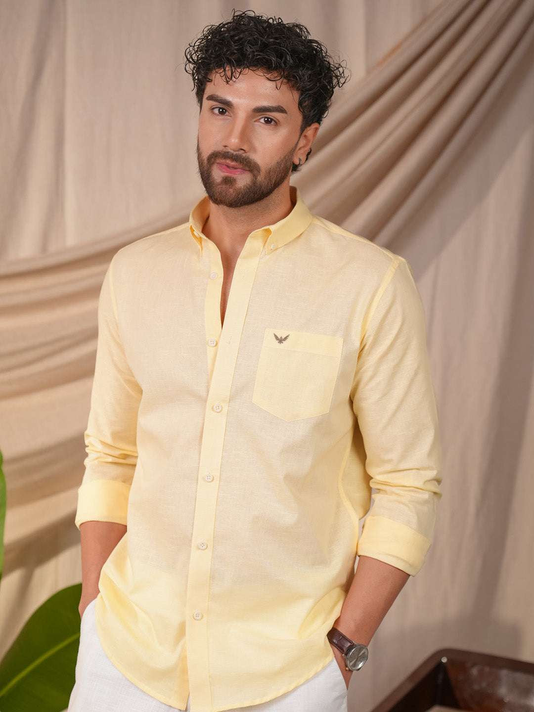 Light Yellow Solid Pre-Washed Linen Cotton Slim Fit Shirt