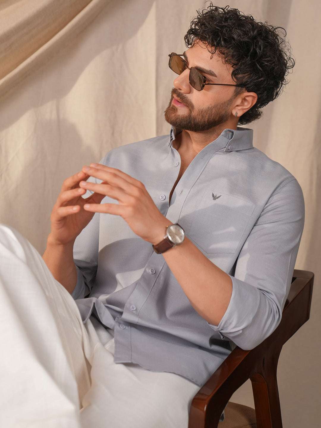 Light Gray Solid Pre-Washed Linen Cotton Slim Fit Shirt