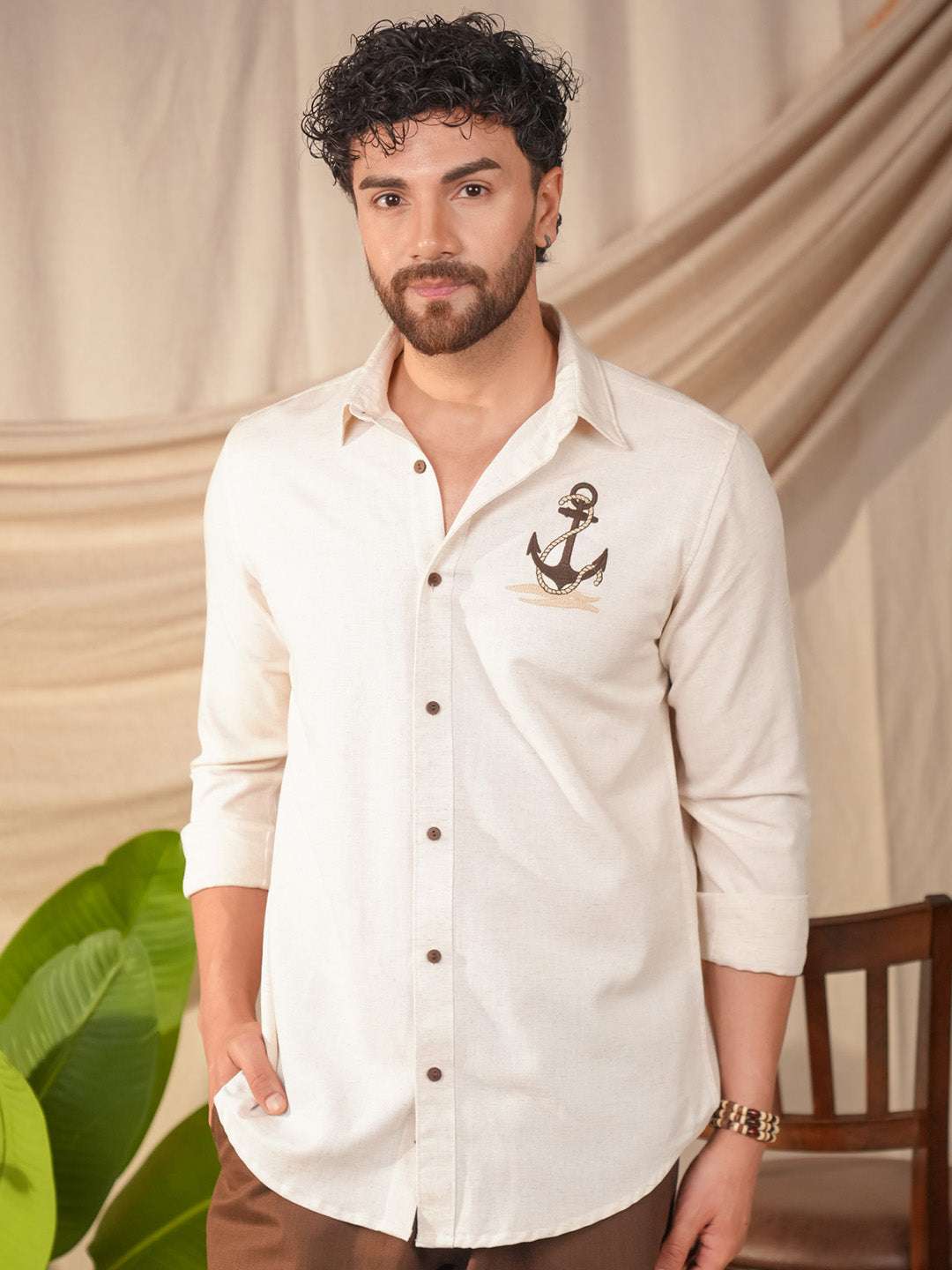 Beige Natural Grains Sparrow Embroidery Linen Cotton Shirt