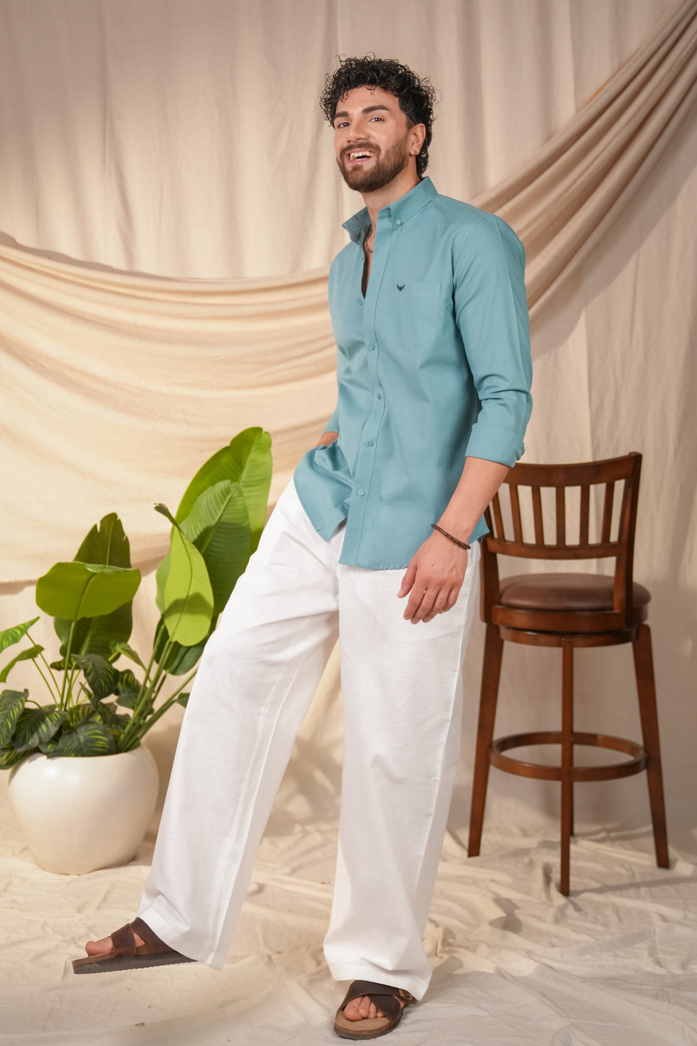 Turqoise Blue Solid Pre-Washed Linen Cotton Slim Fit Shirt