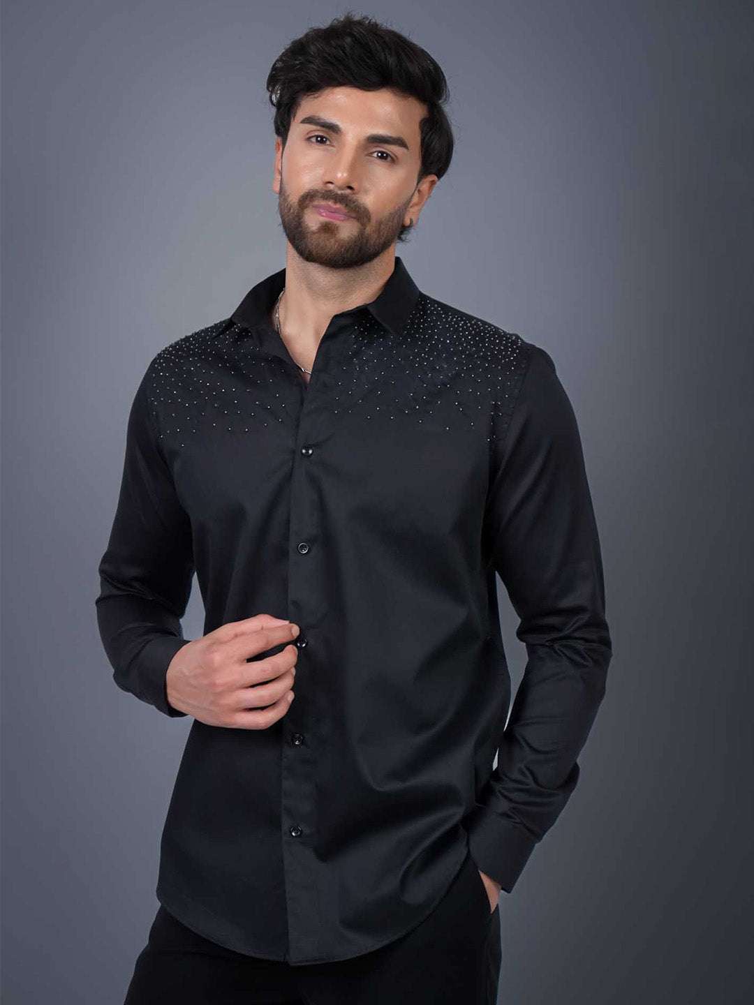 Black Sequin Cotton Satin Slim Fit Shirt