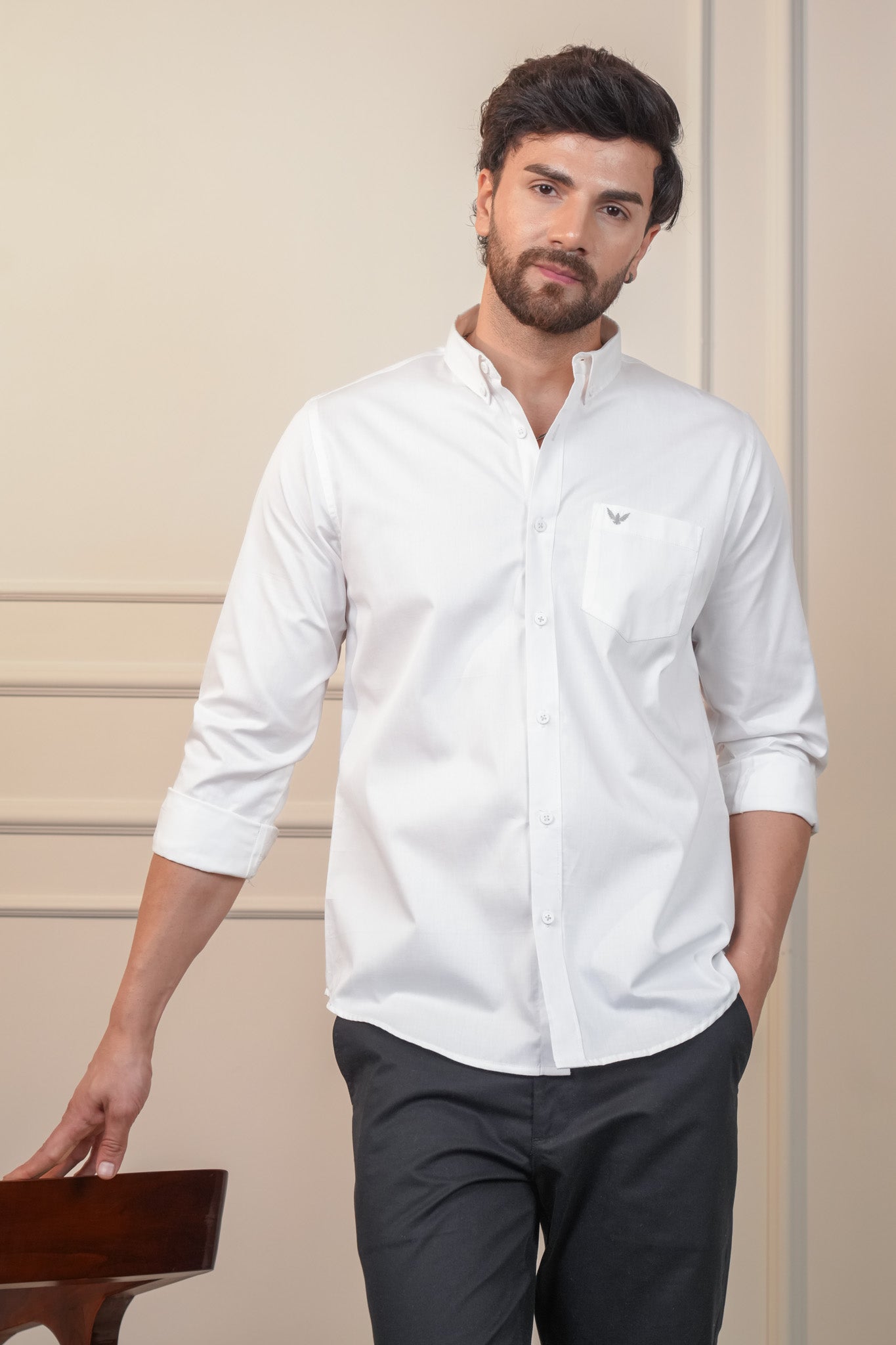 White Solid Cotton Twill  Slim Fit Shirt