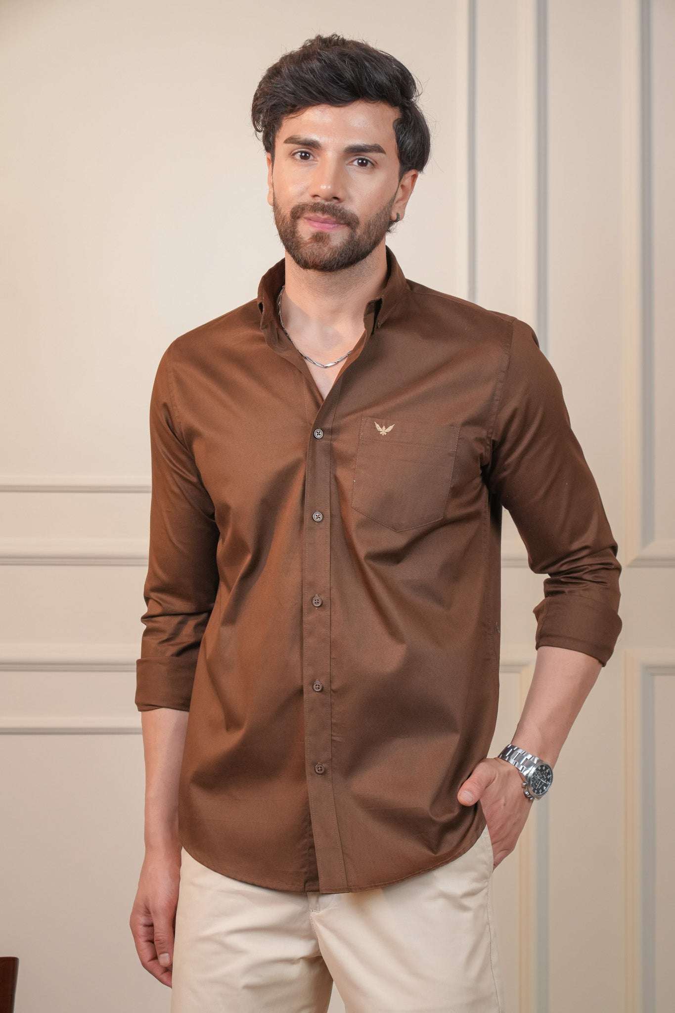 Brown Solid Cotton Twill  Slim Fit Shirt